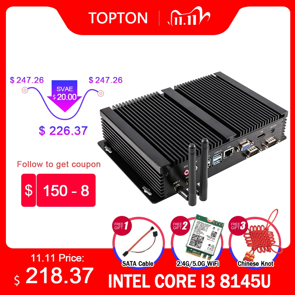 Topton PC Industrial sin ventilador Intel i7 10510U i5 8265U 2 * DDR4 M.2 NVME + MSATA + 2,5 SATA 2 * COM HDMI VGA WiFi Rugged Mini computadora