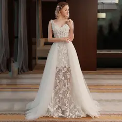 2019 Robe De Mariee Роскошные поступления длинные кружевные свадебные платья с v-образным вырезом развертки/щеткой поезд на шнуровке Longo Vestido De Noiva