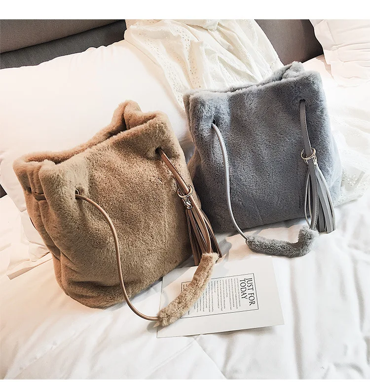 Модные плюшевые ведра с кисточками, сумка для женщин, дизайнерские сумки, роскошная сумка через плечо из искусственного меха, большие сумки, милые женские кошельки
