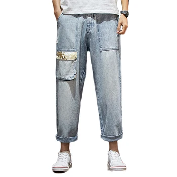 

Men Loose Tide Pocket Jeans Straight Pants Tide 9 Points Pants Fat Large Size New Cropped Jeans Vintage Style Teenager Jeans