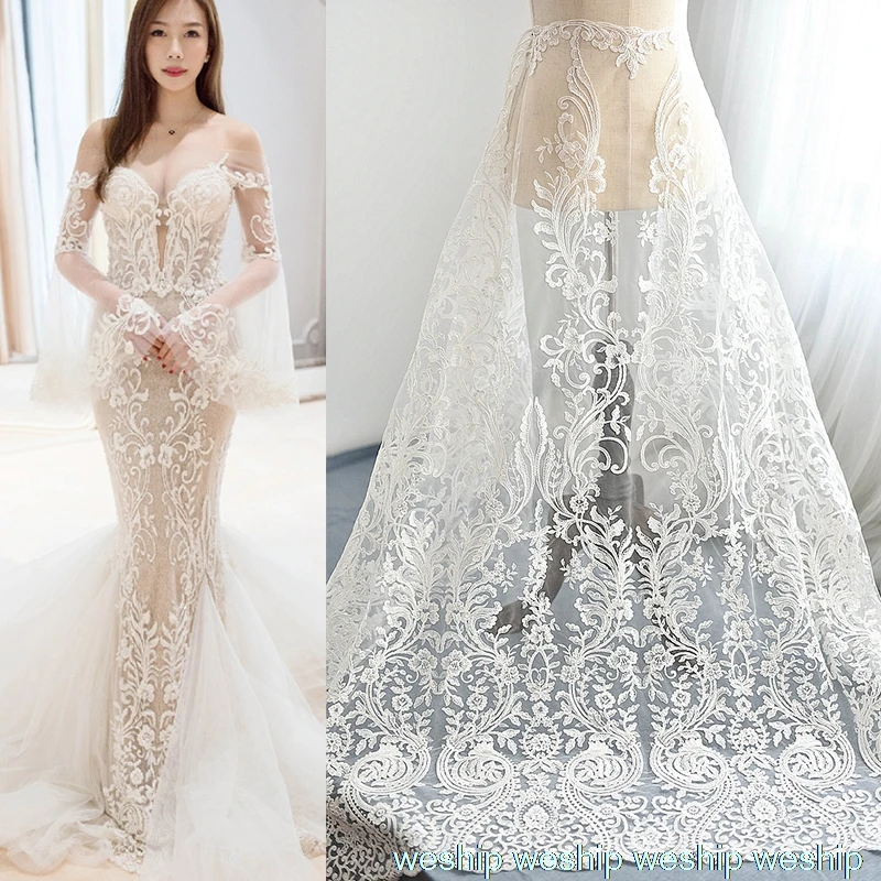 1 ярдов Белый блесток из пустотелой вязальной нити ткань вышитая кружевная сетка ткань свадебное платье ткань DIY аксессуары для одежды шторы