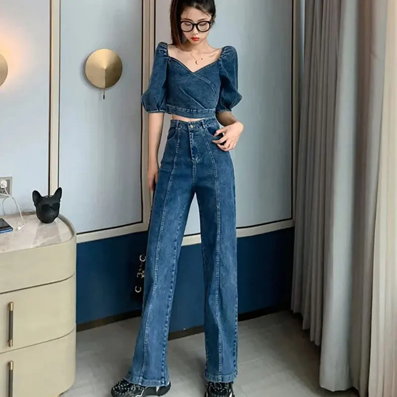spring Denim Two Piece Set 2020 Women Fashion Sexy V-Neck Lantern sleeve short Top + High Waist Denim Wide-legged Pants set