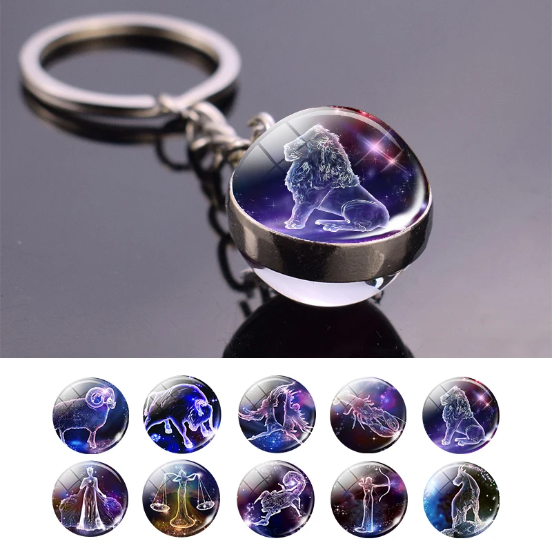 

Leo Libra Scorpio 12 Constellation Keychain Glass Ball Pendant Zodiac Sign Keychain Car Key Rings Men Women Birthday Gifts