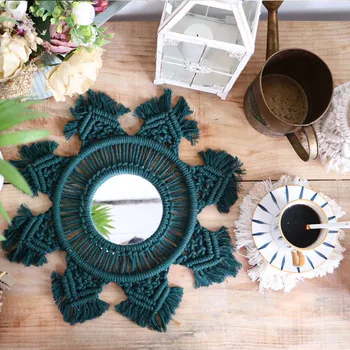 

Modern Boho Macrame Round Big Green Wall Mirror Make Up Mirrors Handmade Woven Decorative Mirror For Bedroom Babyroom Decor