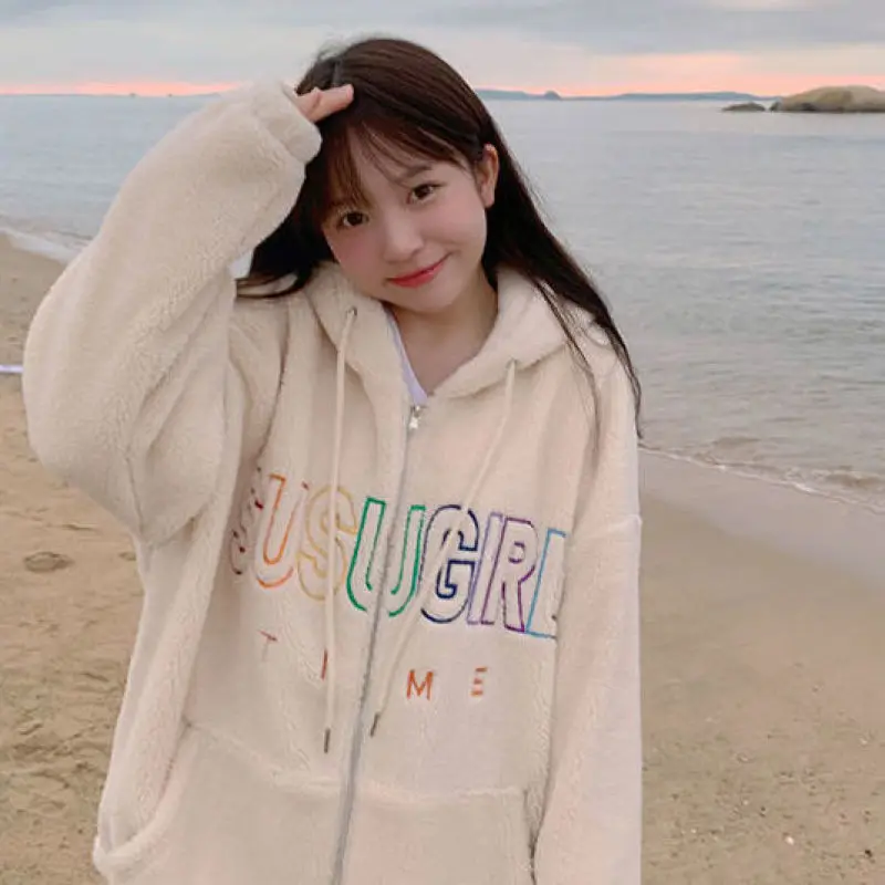 

Cashmere thickened lamb wool coat women's fashion ins autumn and winter 2021 new student Korean loose cotton sweater women