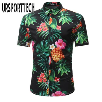 

URSPORTTECH Palm Tree Print Beach Shirts Men Hawaiian Shirt Men Casual Short Sleeve Hawaii Shirt Chemise Homme Asian Size 3XL