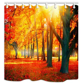 

Thanksgiving Autumn Falling Maple Leaves in Woodland, Polyester Fabric Sunshine Bath Curtain