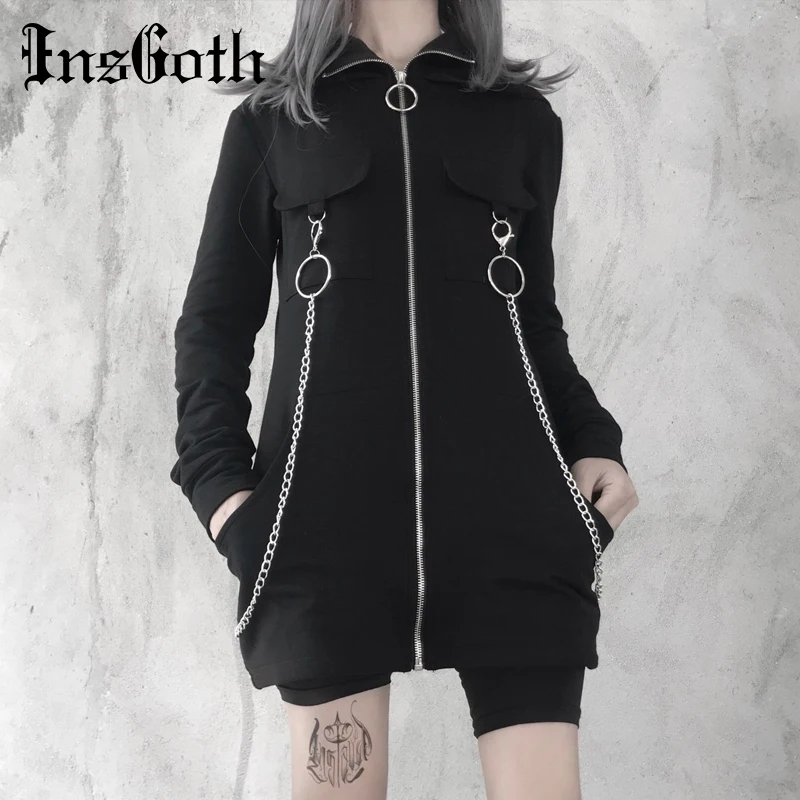 InsGoth Black Hooded Sweatshirts Women Coats Gothic Punk Zipper Material Chain Long Hoodies Pullover Streetwear Lady Long Hoodie