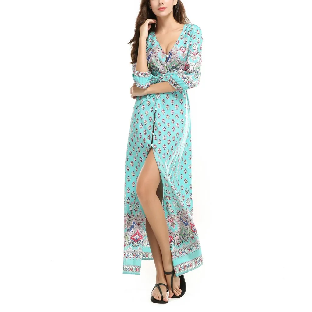 Fashion Women Casual Print Dress Elastic Waist V-Neck 3/4 Sleeve Split Dresses floral dress for beauty ladies платье женское