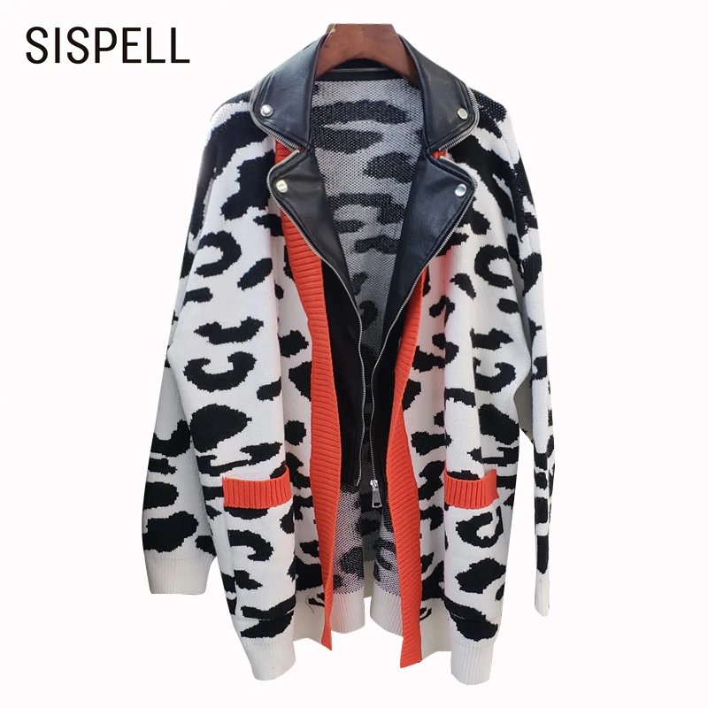 

SISPELL Leopard Patchwork PU Leather Women's Sweater Lapel Collar Long Sleeve Oversized For Female Sweater Jacket 2020 Fashion
