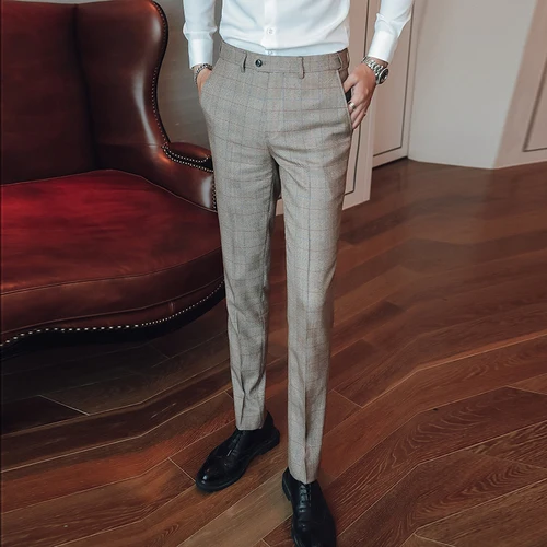 Classic Men Suit Pants Slim Design Wedding Banquet Men Dress Trousers Size 29 30 31 32 33 34 36 38 40 Plaid Stripe Trouser Man - Цвет: Хаки