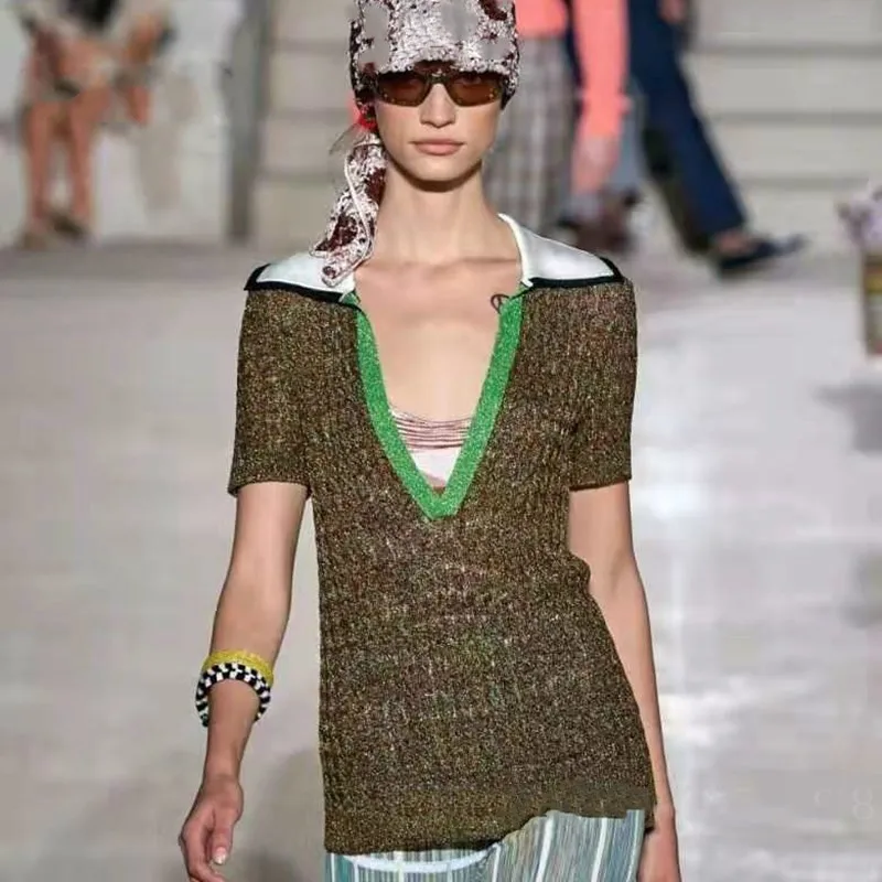 

Runway Women weater 2020 SPring Summer Turn Down Collar Short Sleeve SSlim Knitted Top Bodycon Pullover Shirt