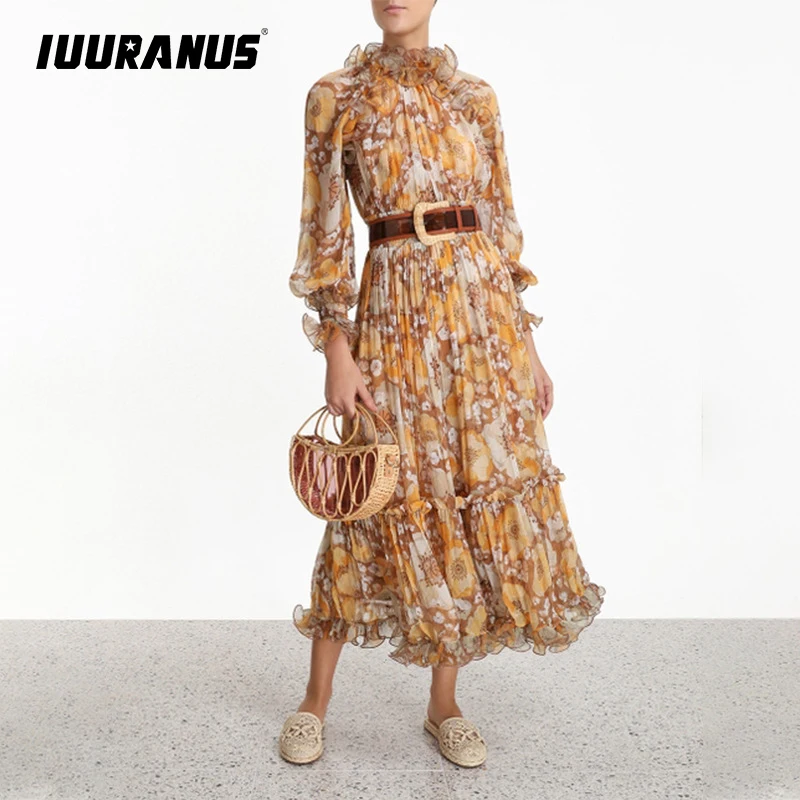 

IUURANUS Vintage Print Patchwork Ruffles Dresses Female Ruffled Lantern Long Sleeve High Waist Mesh Dress Women 2019 Fashion