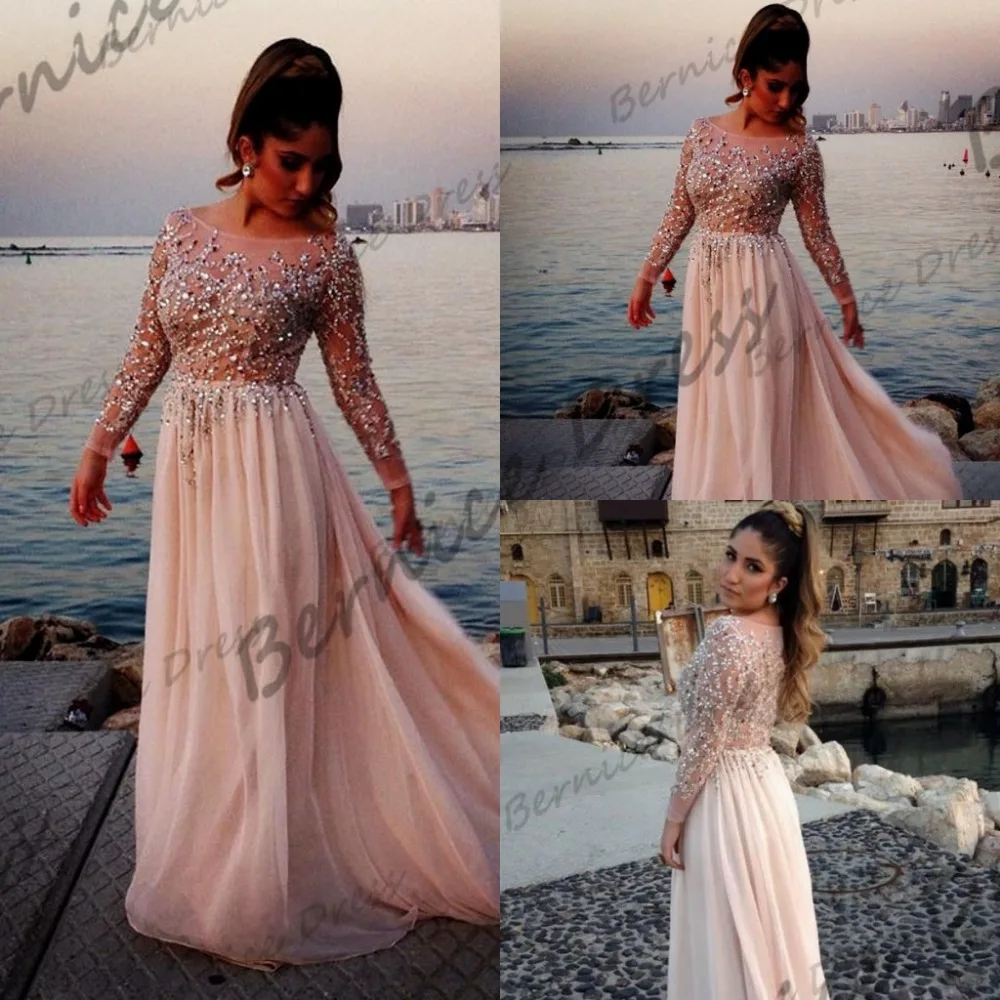 

free shipping Long Sleeve Prom Dresses Largos Actual Boat Neck A-Line Court Train Beige Chiffon Beading Vestido Longo De Renda