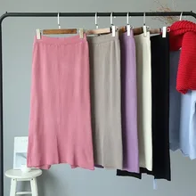 Осень Новая мода Высокая талия ретро Сплит Длинные однотонные сексуальные тонкие юбки