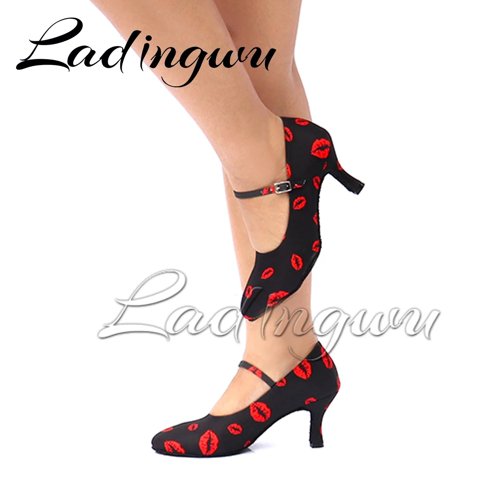Ladingwu Sneakers Latin Dance Shoes Women Teacher Shoes Black Heel 5-8cm Female Red lip Satin Customizable heel  Ballroom Dance