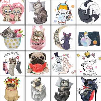 

Pulaqi Lovely Cats Iron on Heat Transfer Printing Vinyl Patches Stickers for Clothes DIY Appliques Cartoon Dogs Patches Washable