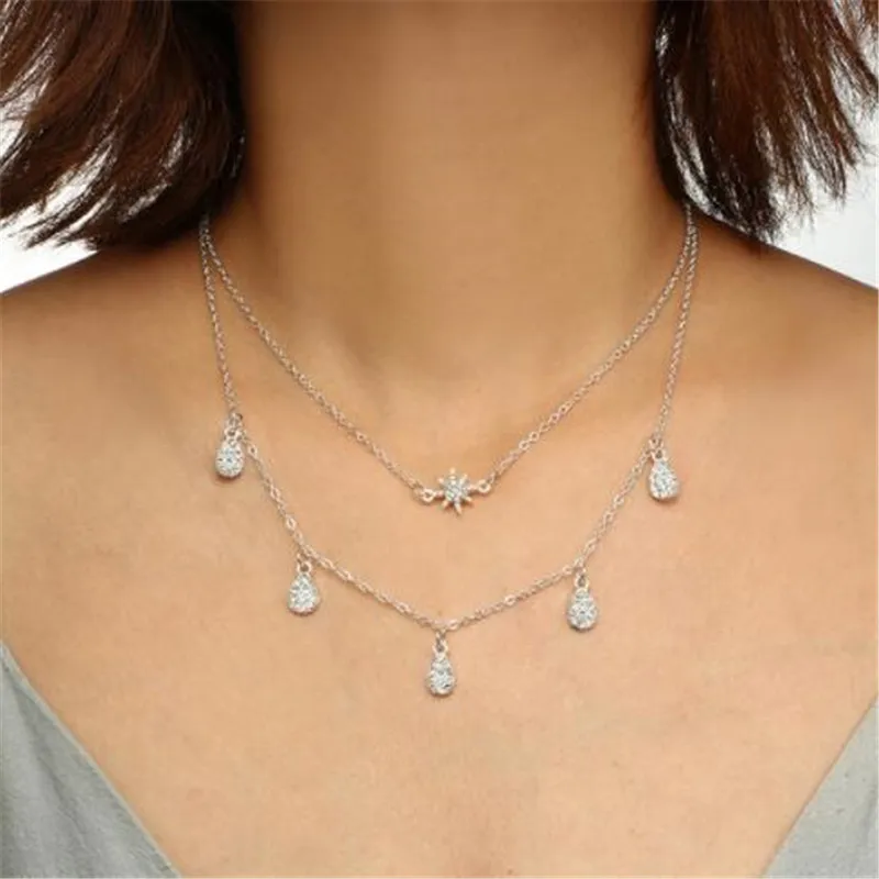 

WKOUD Charm Simple Water Drop & Star Pendant Double Layer choker Necklace Women Fashion Collar Bijoux Collier Femme Jewelry