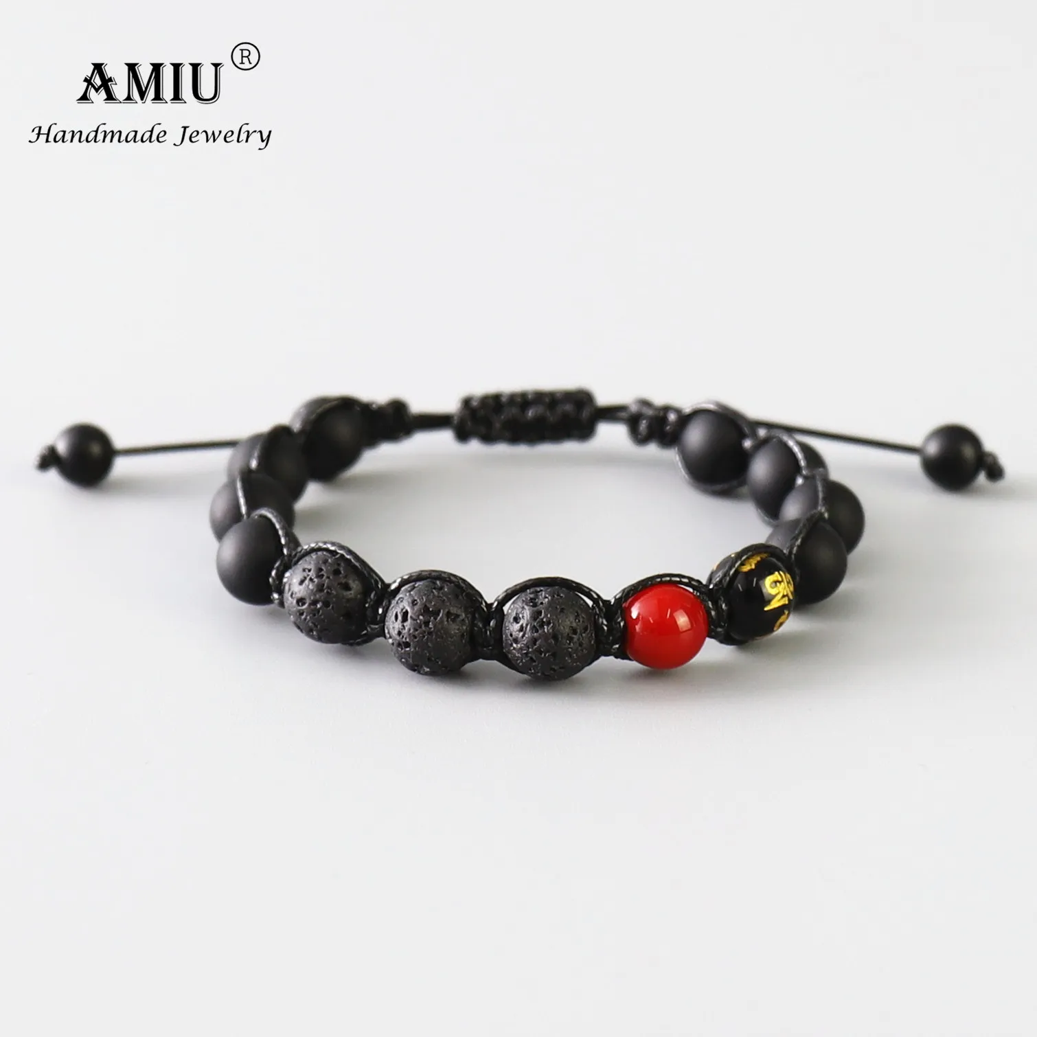 AMIU Handcrafted Men's Natural Stone Bead Bracelet Black Obsidian Wax Cord Lava Rock Beads Rosary Tibetan | Украшения и