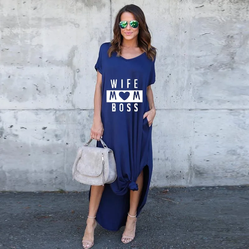 Boss с буквенным принтом, сексуальное летнее платье с v-образным вырезом больших размеров, сарафан для мамы и жены, одежда макси Vestidos, женские макси Хлопковые Платья 5XL - Цвет: Тёмно-синий