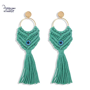 

Dvacaman Evil Eye Statement Earrings Women Handmade Woven Long Drop Earrings Round Metal Pendant Earrings Wholesale Jewelry Gift