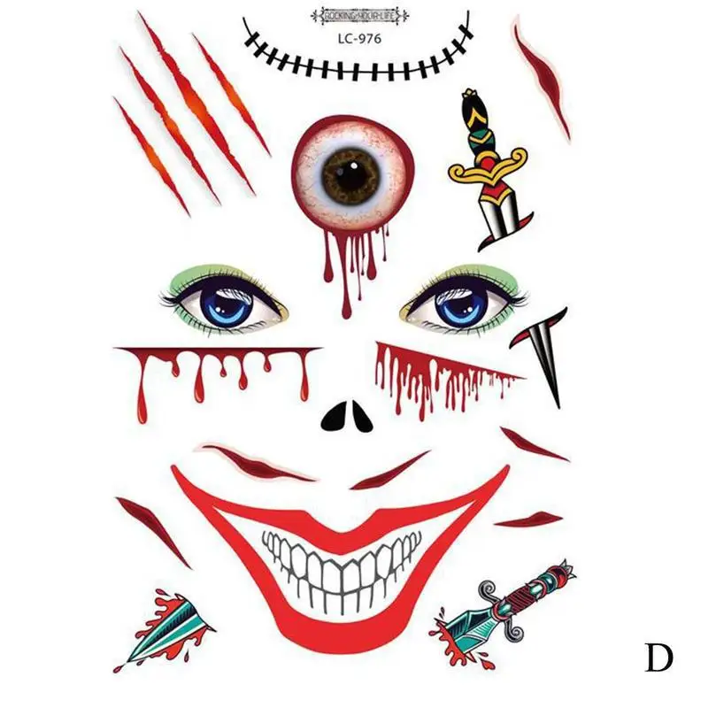 Новая временная татуировка на Хэллоуин, стикер для лица, макияж, террор, маска со шрамом, поддельная Временная водостойкая татуировка, стикер, краска для тела - Цвет: D