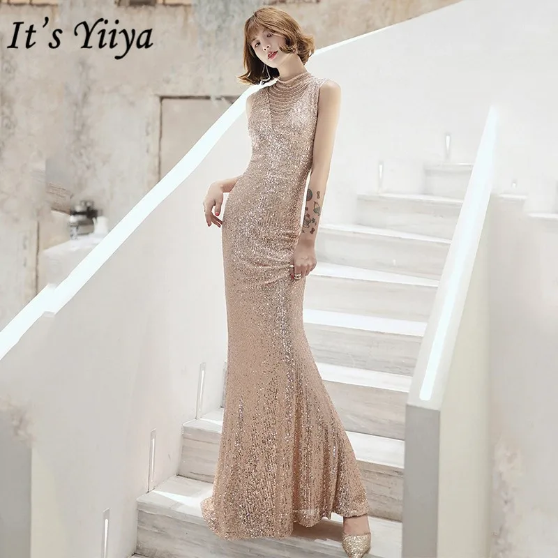 

It's YiiYa Evening Dress High Collar Illusion Sleeveless Formal Dresses Evening Gown Sequined Plus Size Robe De Soiree K068