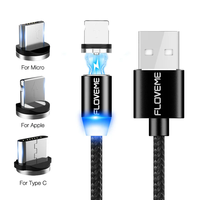 FLOVEME магнитное зарядное устройство Micro Usb кабель для iphone Usb type C Быстрая зарядка Адаптерный магнит зарядное устройство провод для samsung Xiaomi шнур - Цвет: Черный