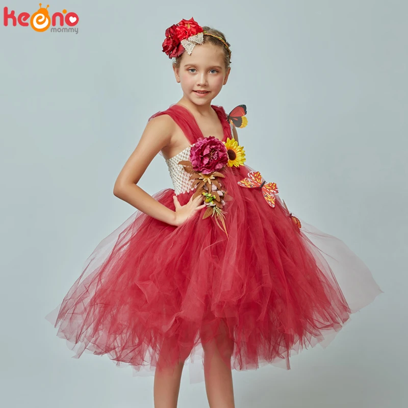 Autumn Fairy Flower Girls Gown Tutu Dress Glitter Sparkle Party