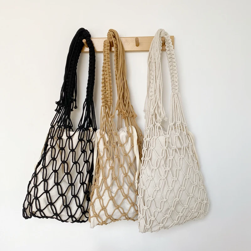 

2020 Summer Cotton Thread Knitting Women Handbag Female Woven Shoulder Bag Lady Net Hollow Bag Tassels Beach Bag Set Whole Sale