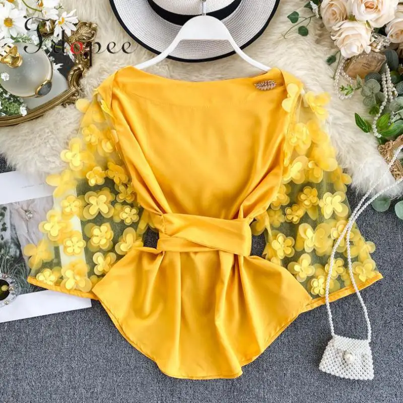 

Womens Tops And Blouses Fashion Dimensional Perspective Show Thin Three Quarter Sleeve O-neck Casual Solid Color Blouse Women