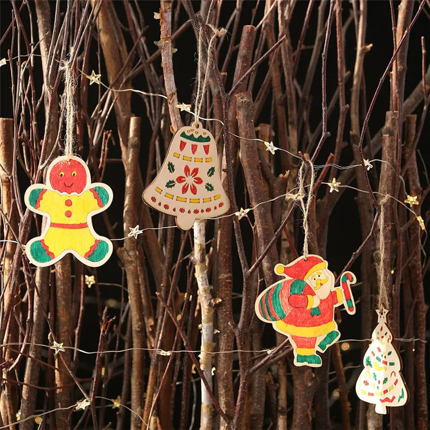 5pcs Wooden Kids DIY Color Painting Christmas Ornaments Cute Santa Claus Graffiti Art Crafts Toys Pendants Xmas Tree Decoration