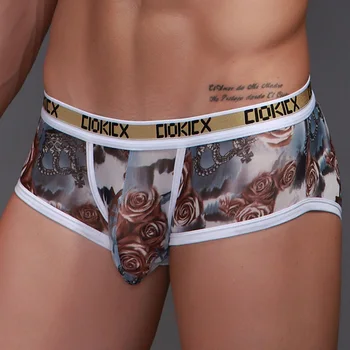 

Fashion Sexy Mens Boxers Shorts Printed Mesh Through Underpants Man Sexy Underwear Lingerie Trunk Boxers Male Panties