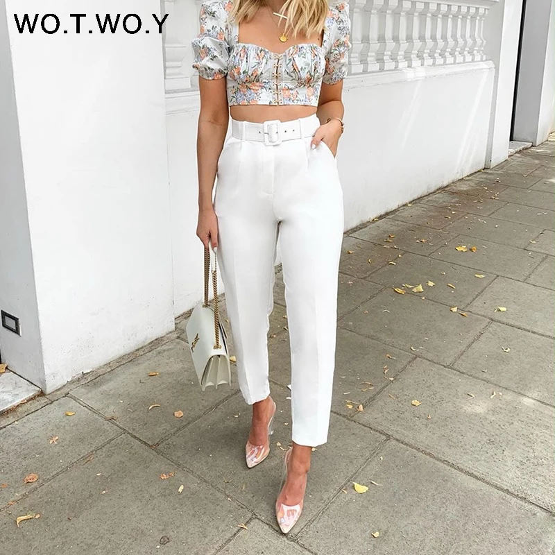 WOTWOY High Waist Office Lady Formal Pants Women Slim Fit Elegant Belted Pants Women Solid Ankle-Length Trousers Pockets Female WOTWOY High Waist Office Lady Formal Pants Women Slim Fit Elegant Belted Pants Women Solid Ankle-Length Trousers Pockets Female