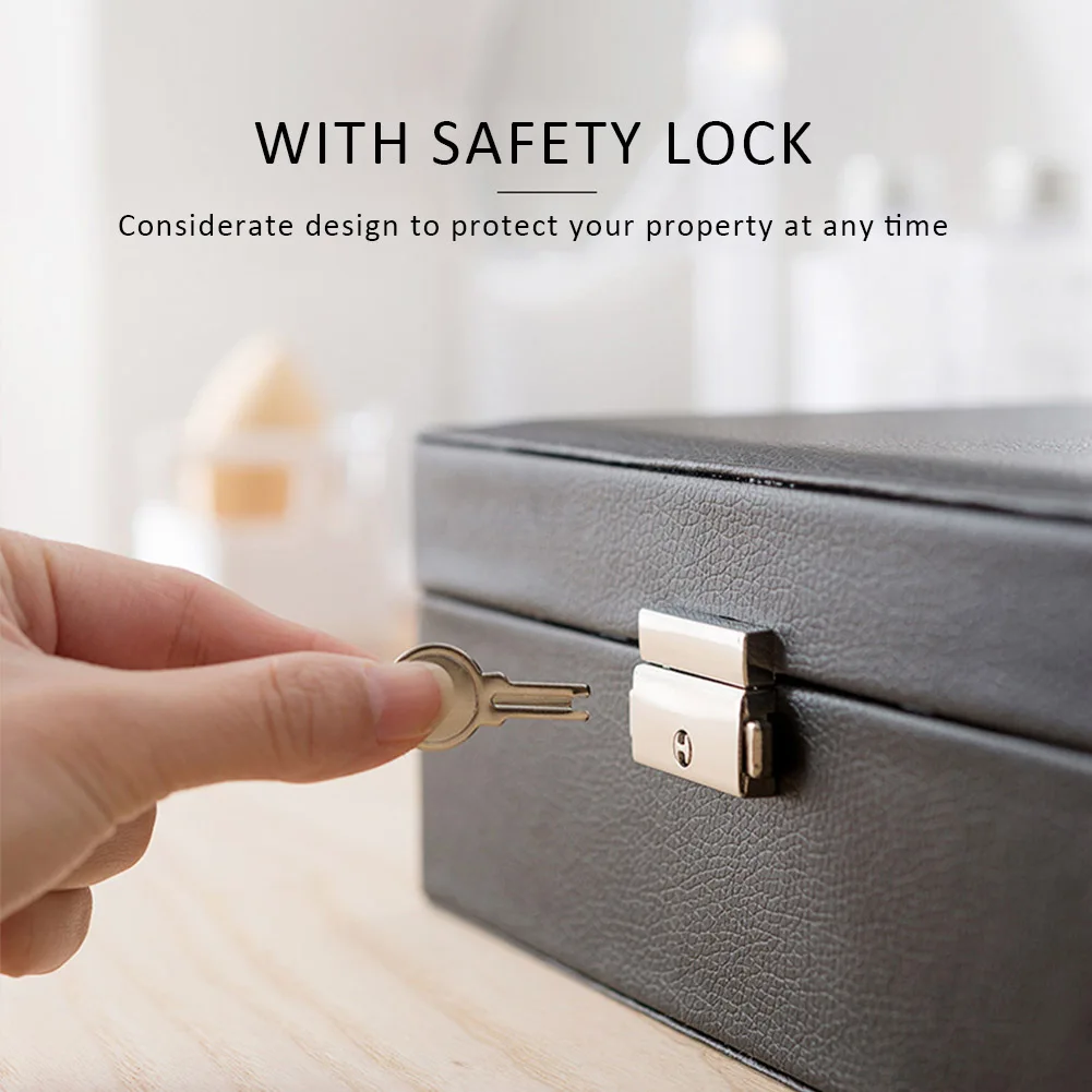 Safety Lock Gifts Storage Organizer Travel Portable Display Tray Large Capacity Home Jewelry Box 2 Layers PU Leather Durable