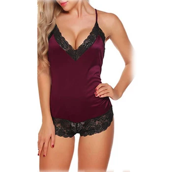 

Sexy Women Pajamas Romper Jumpsuit Spaghetti Strap Sleeveless Lace Satin Belted Bow Sleepwear Pyjamas Women Pijama Mujer