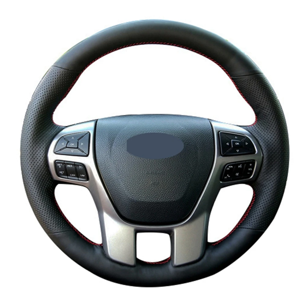Diy Car Steering Wheel Cover Anti-slip Black Genuine Leather For Ford