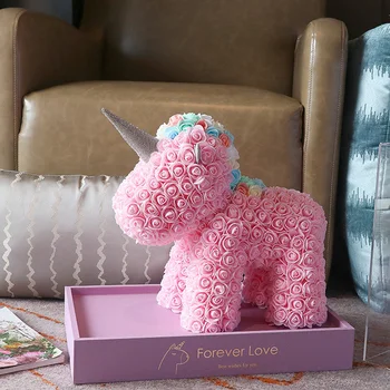 

Hot Selling High Quality New Design Colorful Preserved Dried Flower Unicorn 37cm Luxury Gift Box Toy PE Soap Foam Rose For Girl