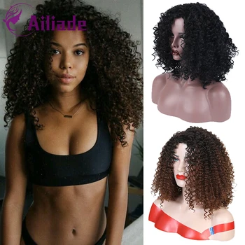 

AILIADE 14 Inches Black Brown Synthetic Curly Wigs for Women 2 Colors Ombre Short Afro Wig African American