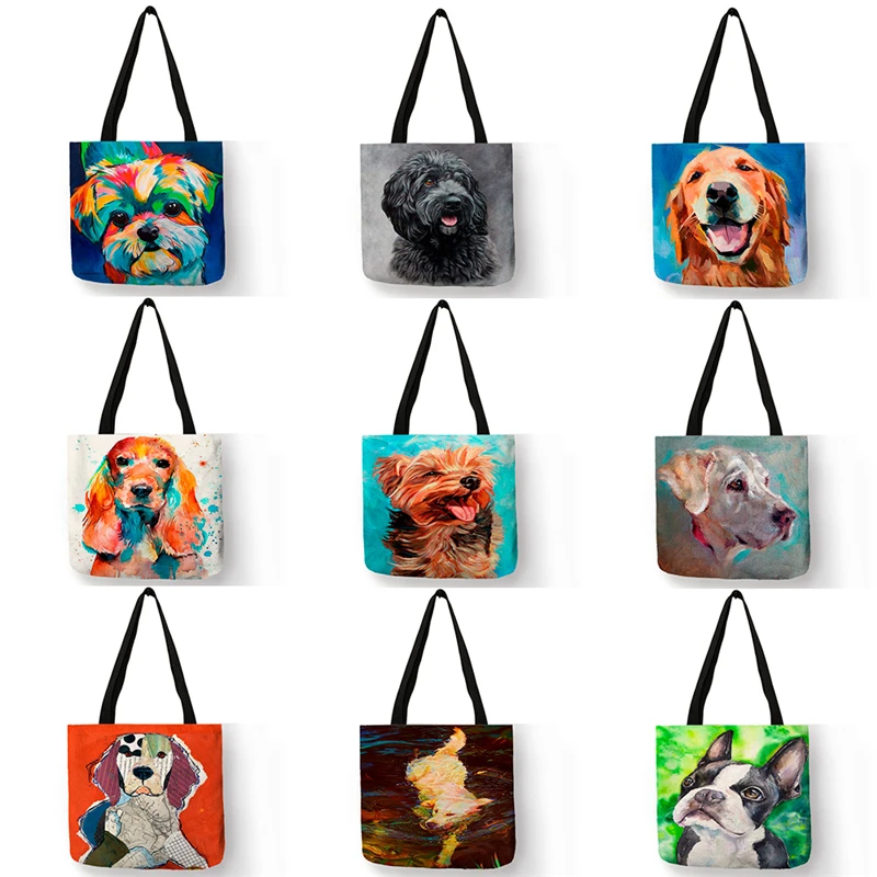 

Exclusive Oil Painting Dog Print Shopping Bags for Groceries Papillon Pug Retriever Print Women Handbag Shoulder Large Capacity