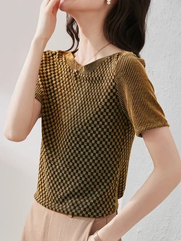 

2020 Summer New Slim Women Shirts Short Sleeve O-neck Gold Silver Blue Solid Formal Ladies Blouses Clothes 5 Candy Colors