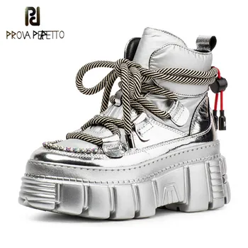 

Prova Perfetto Plush In Rhinestone Boots Women Real Leather Block Heel Booties Woman Cross Lace-Up Increase Within Shoes Stivali