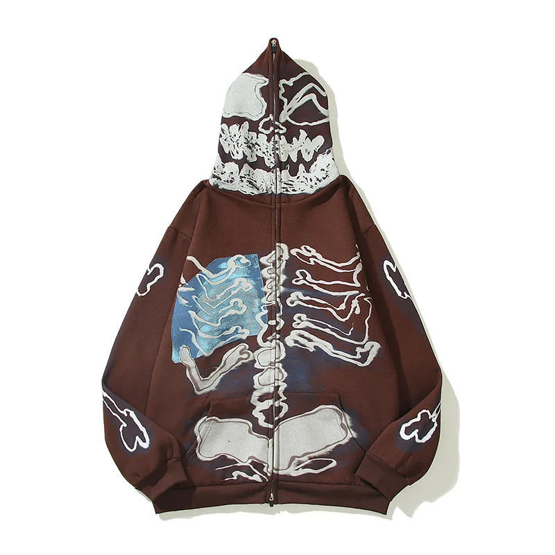 2022 Winter Skeleton Print Fleece Brown Zip Up Hoodie Men Hip Hop Pullover  Cotton Punk Zipper Hooded Sweatshirt Sudaderas Hombre