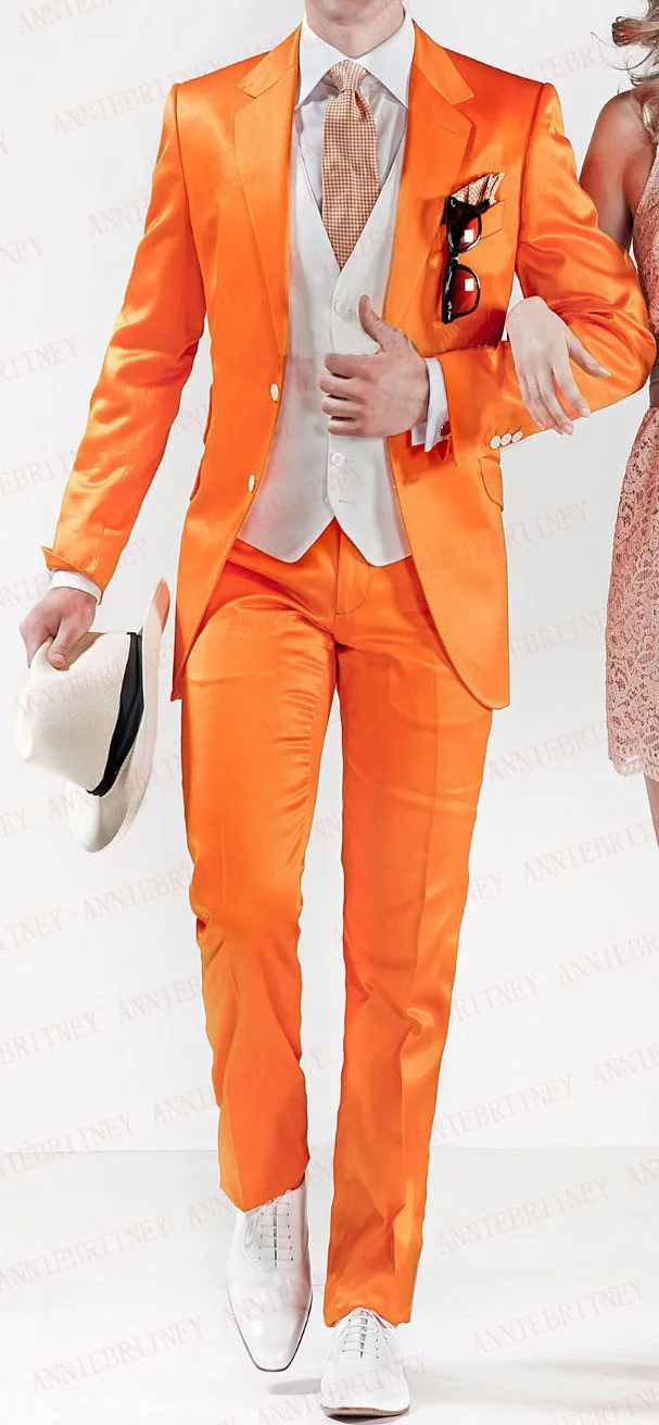 ANNIEBRITNEY Shiny Orange Men Suits Satin Slim Fit Formal Groom Party Prom Dress Tuxedo Set Custom Large Size Coat Blazer Pants | Мужская
