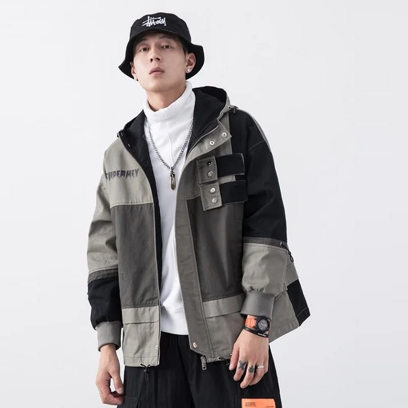 Hooded Color Block Jacket Autumn Casual Windbreaker Vintage Mens Coats Cargo Track Hoodie Coats Streetwear Hiphop KK3154