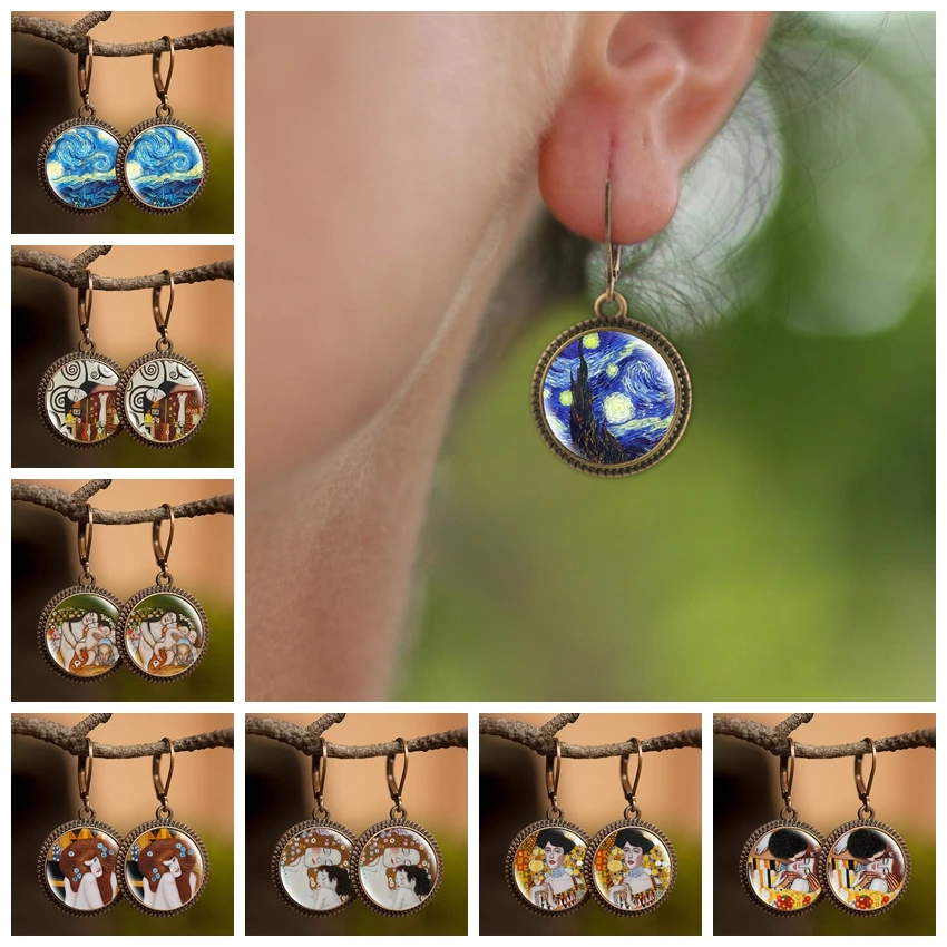 

Van Gogh Starry Night Art Painting Earrings Retro Statement Long Dangle Earrings Female Handmade Jewelry Mother's Day Gift