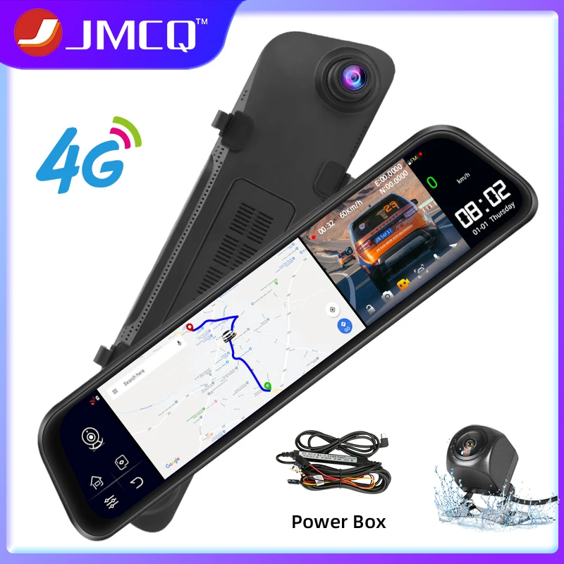 

JMCQ 12" Car DVR Dash cameras Android 8.1 4G Touch screen Rear view Mirrors GPS navigation Two split screen with Backup cameras