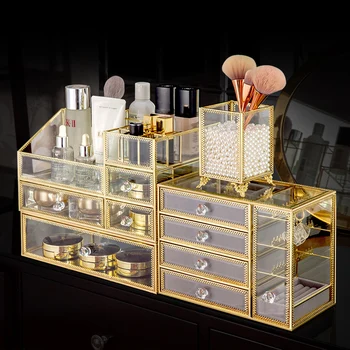 

Large Glass Make Up Organizer Cosmetic Storage Box Dustproof Lipstick Desktop Finishing Box Jewelry Rack Cosmetic Organizer