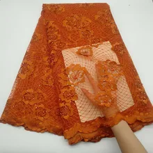 New Orange African Lace Fabric High Quality Nigerian French Tulle Mesh Lace Embroidery with Stones Swiss voile Lace Fabrics