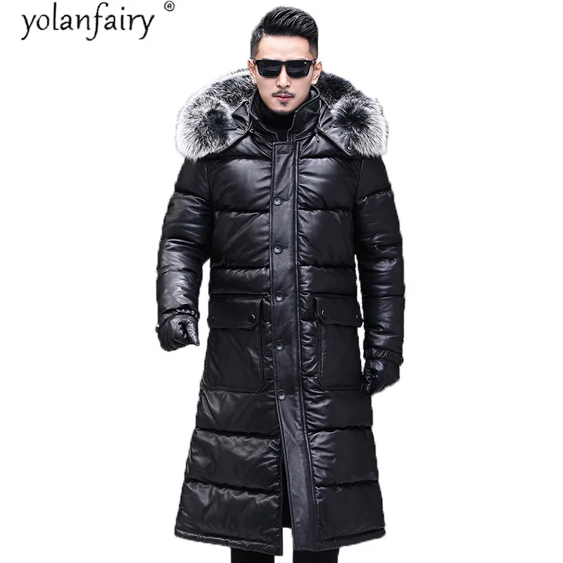 Мужские пуховики YOLANFAIRY зимняя Длинная кожаная куртка для мужчин Мужское пальто